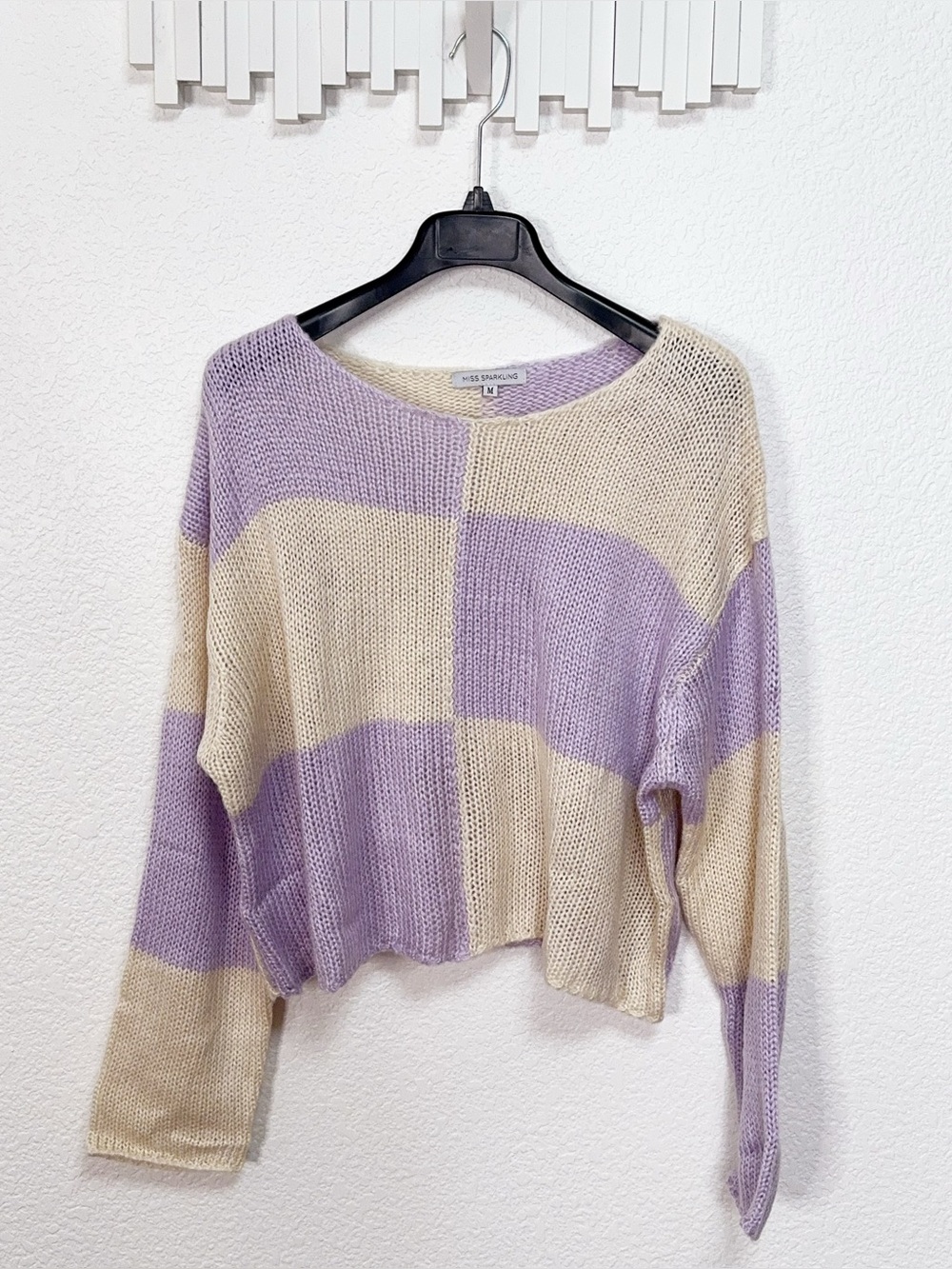Miss Sparkling Lavender Cream Checkered Lightweight Knit Sweater